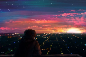 3840x2160 男人 独自 夜城 视图 艺术壁纸 背景
