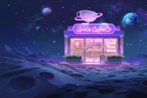 太空 月球 星星 小商店 咖啡吧 霓虹灯 4K壁纸 3840x2160