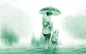 雨中的母子