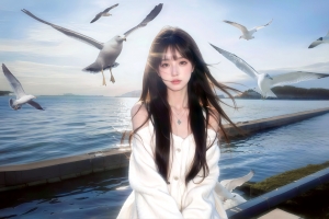 天空湖面海鸥与美女长发 车机高清3K壁纸3200x2000免费下载