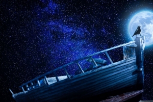 乌鸦 星空 船 月亮 鹅卵石 4k壁纸 3840x2160