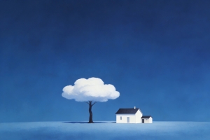 蓝色背景 小树和小房子 绘画 简单风景4k壁纸