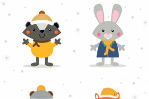 矢量可爱下雪的兔子狸猫