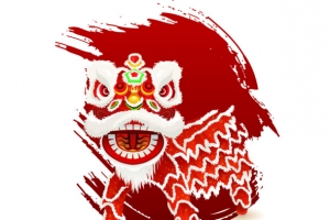 手绘水墨红色狮子