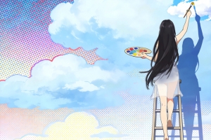 一个美女画家 背影 梯子 云朵 3440x1440带鱼屏动漫壁纸
