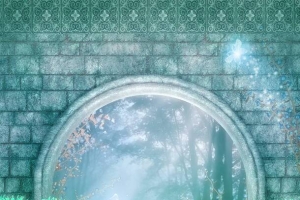绿色梦幻砖石窗户海报背景
