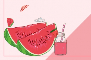 夏季卡通西瓜几何拼接粉色背景