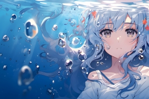 水下可爱动漫少女3440*1440动漫带鱼屏壁纸