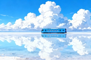 蓝天云层 湖面 蓝色的列车 4K风景壁纸