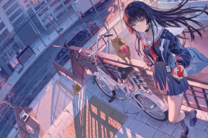 长发齐刘海女孩站立围栏旁单车主题4K动漫带鱼屏壁纸3440x1440免费下载