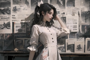 报纸墙少女 白色裙子 暗色系 3000x2000分辨率壁纸