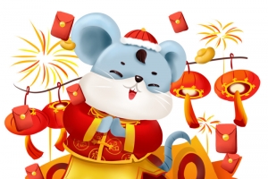 手绘鼠年好运元素，老鼠拜年放鞭炮高清PNG透明图片免费下载