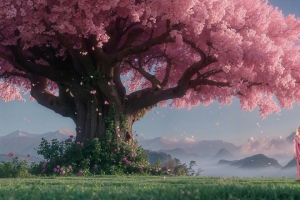 树 粉色的花 绿色草地 3440x1440带鱼屏风景壁纸