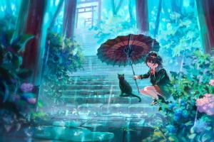 3840x2160 女孩 猫 伞 雨 动漫壁纸 背景