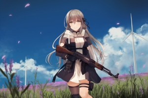 长发少女 棕色披风 吊袜带 手套 枪 花瓣 天高 风车 4k动漫壁纸