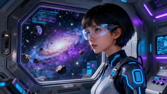 太空舱 女孩 短发美女 科幻 星空 赛博朋克4k壁纸