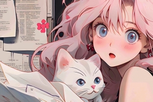 报纸墙 粉色大波浪少女 白猫 3440*1440带鱼屏壁纸