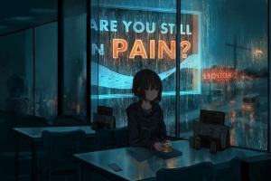 女孩子 桌子 开水 雨天 玻璃窗 夜景 4k动漫壁纸