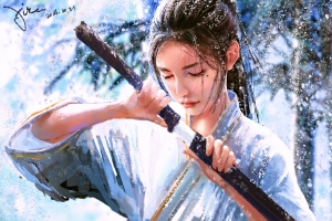 女孩 宝剑 武士 雪 4k动漫壁纸