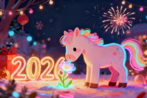 2026年新年 夜晚 烟花 小马 花儿 4k壁纸