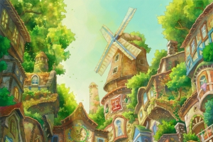 绿色树林里房屋场景