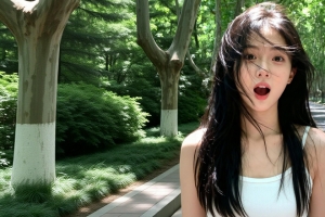 绿荫道路旁清纯美女惊讶表情 4K高清3440x1440带鱼屏壁纸免费下载