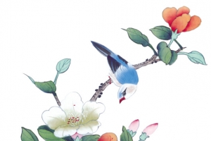 水墨画眉与鲜花