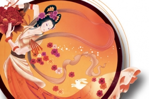 橙色月亮嫦娥玉兔花篮中国画中秋