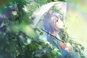 下雨天 女孩 伞 树叶 4k动漫壁纸