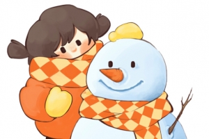 冬天小女孩堆雪人