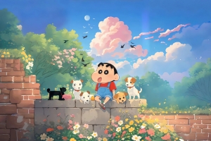 花园 树林 砖墙 蜡笔小新 4K壁纸