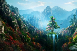 仙境 山脉 树 花 山谷 瀑布风景壁纸