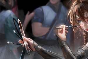 动漫女孩蓝色眼睛化妆镜子4K高清3440x1440带鱼屏壁纸免费下载