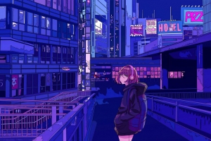 女孩 耳机 城市 动漫 艺术 卡通 4k壁纸 3840x2160