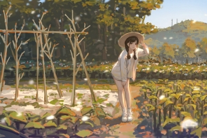 走在田埂里的可爱女孩 风景背景4K动漫壁纸