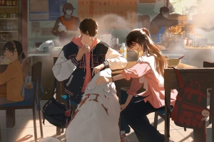 小吃店情侣与大白狗4K车机高清壁纸3840x2160免费下载