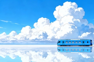 蓝天 云层 湖面 蓝色的列车3440x1440带鱼屏风景壁纸