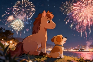 2026马年 小马和小狗一起看烟花 新年4k壁纸