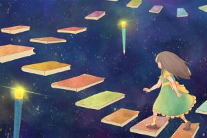 女孩与知识的阶梯插画