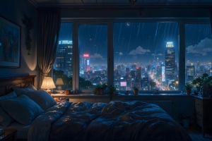 卧室 台灯 城市夜景 雨 窗景 房间温馨卧室 4K壁纸