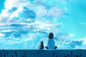 女孩与猫背影 天空云鱼 4K动漫壁纸免费下载