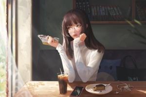 坐在咖啡馆的少女唯美4k高清动漫壁纸