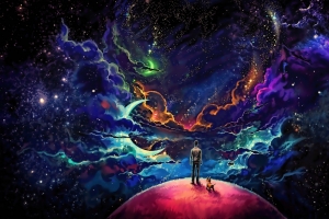 幻想艺术 黑暗的星空 人 狗 唯美艺术4k壁纸
