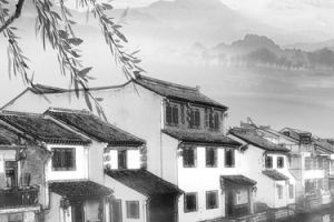 中国风黑白小镇烟雨banner背景