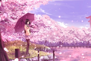 女孩 雨伞 樱花 动漫 艺术 卡通 4k壁纸 3840x2160