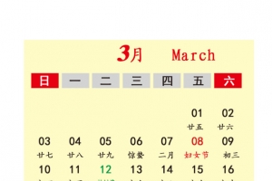 灰黑色2019年3月份日历
