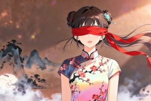 国风 旗袍 蒙眼美女 红色彩带 光影 4k壁纸