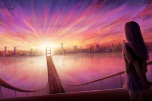 女孩 渴望 城市 桥 夕阳 4k壁纸