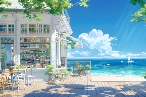 夏日海边 小店 清新 4K风景壁纸 3840x2160