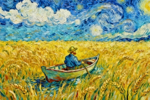 麦浪 小船 油画 梵高 4k风景壁纸